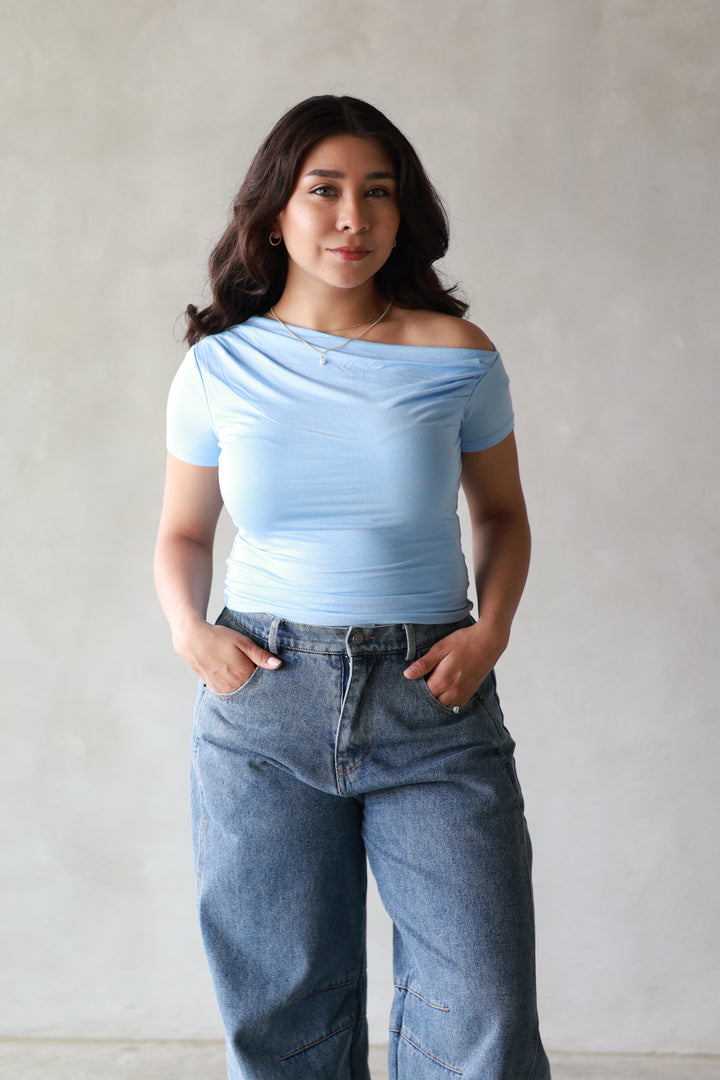 blue off the shoulder top with cow neck line, short leave, double layered and stretchy