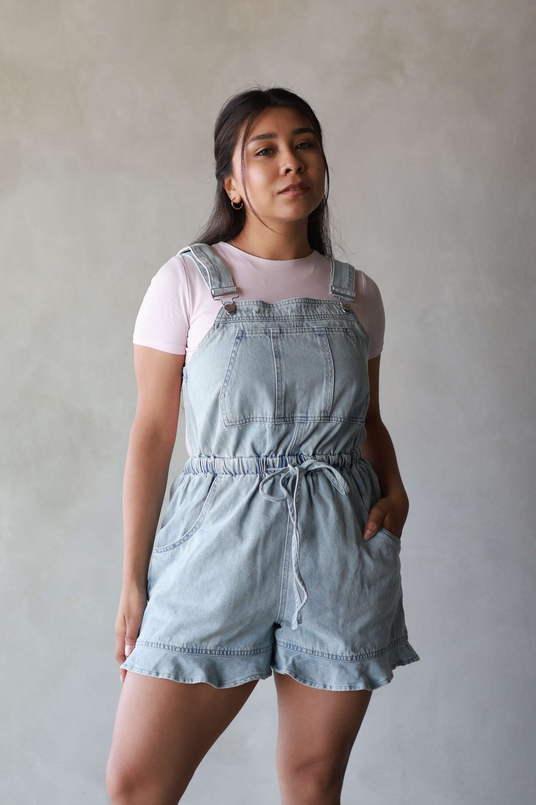 light washed ruffle hem overalls