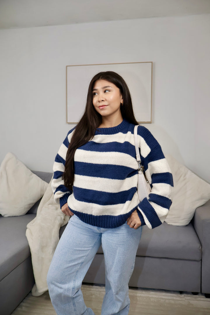 navy blue and white striped knit sweater 