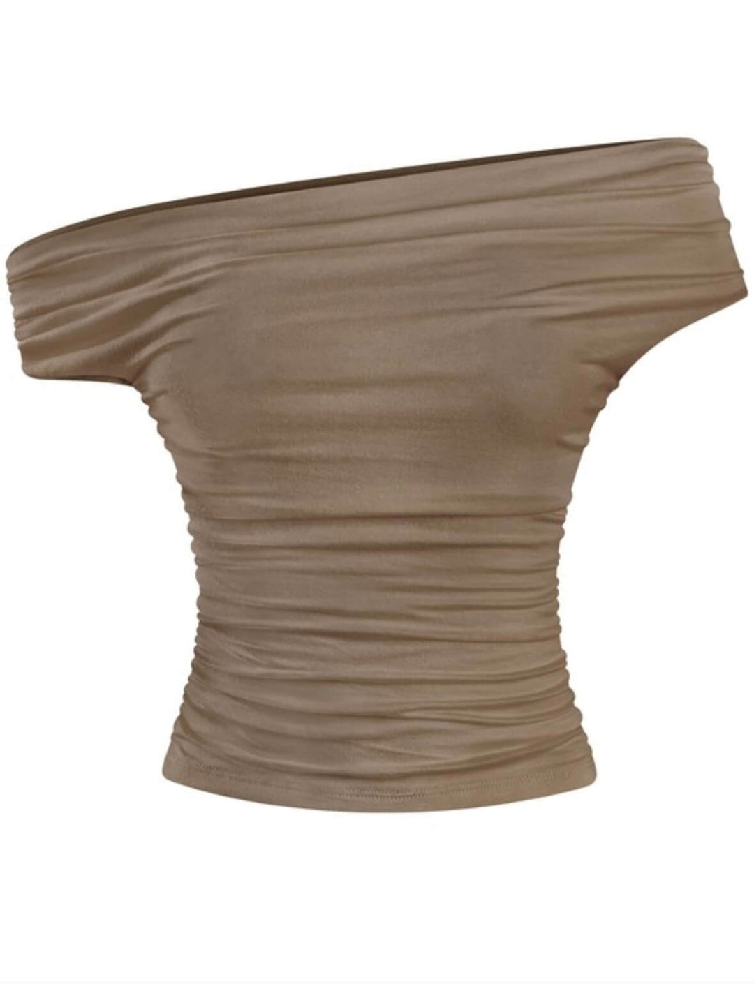 off the shoulder asymmetical ruched top in the color brown 