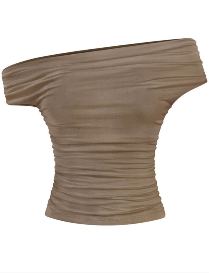 off the shoulder asymmetical ruched top in the color brown 