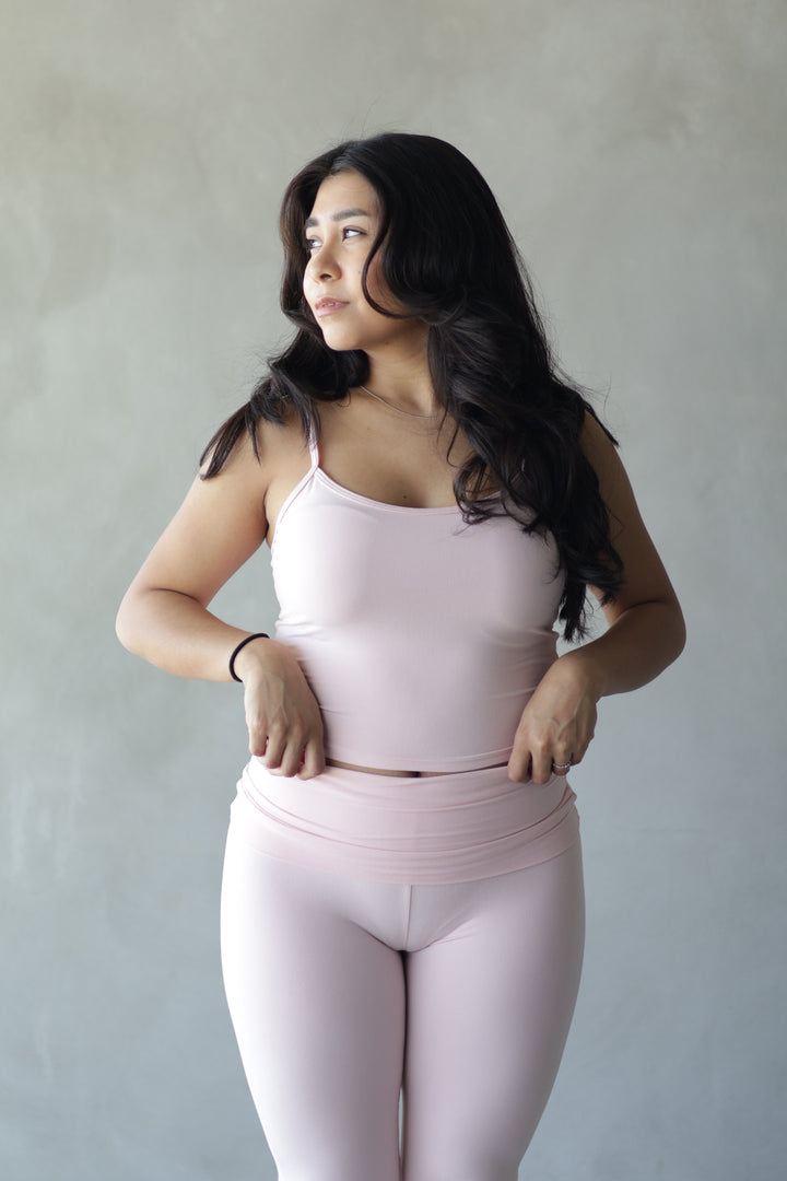 baby pink spaghetti strap with yoga flared pants