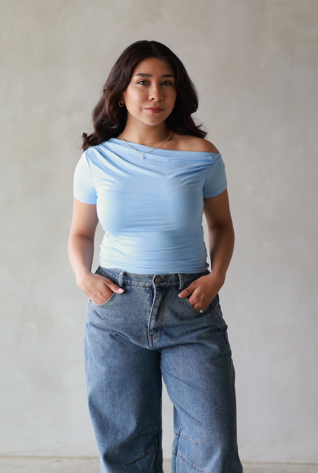 blue off the shoulder top with cow neck line, short leave, double layered and stretchy for women